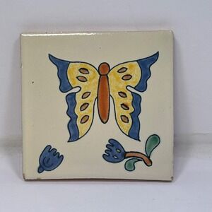 Hand Painted Ceramic Tile Butterfly Flower Folk Art Decor Accent tile 4x4